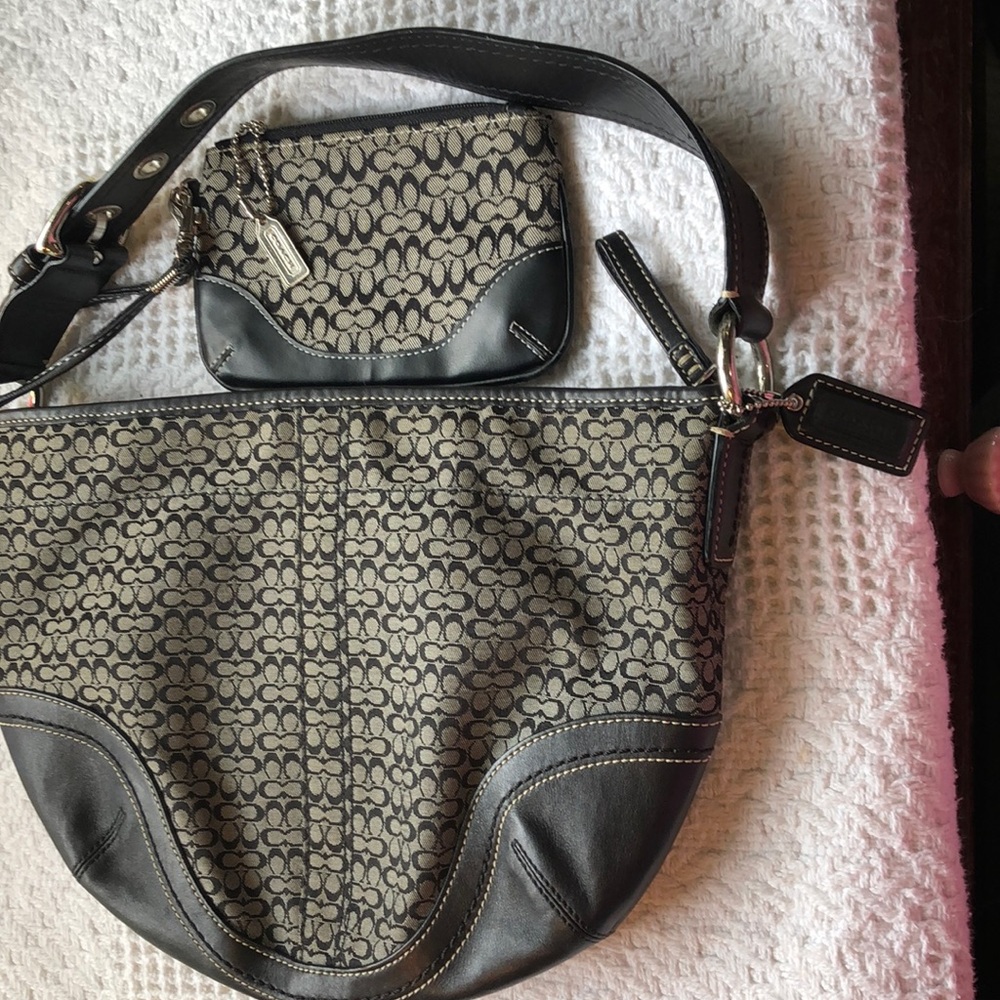 Coach Black and Gray Shoulder Bag with matching wristlet in Signature Design